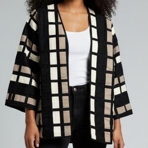 Yak Magik Colorblock Ribbon Weave Open Jacket Black Tan White Large Lagenlook